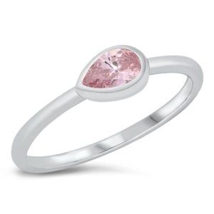 Sterling Silver Rhodium Plated CZ Pink Pear Ring